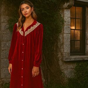 Komar Gown Red Vintage 12/14 Velvet Cottage V-Neck Floral Lace Trim Nightgown